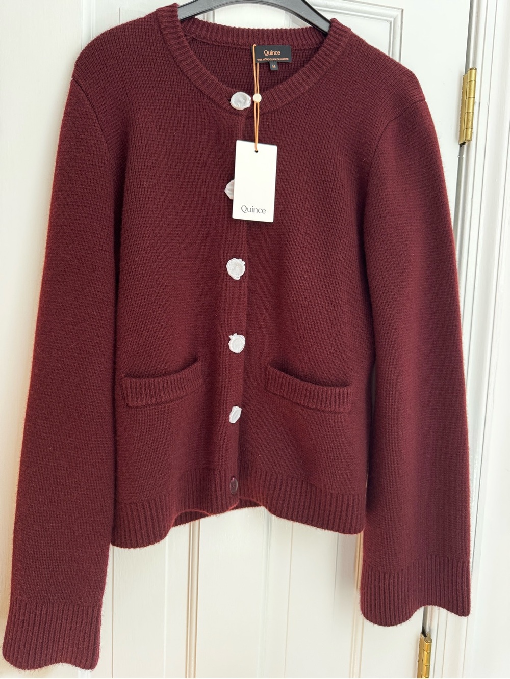 NWT:Quince 100% Mongolian Cashmere Crewneck Cardigan Sweater - Burgundy, Size M